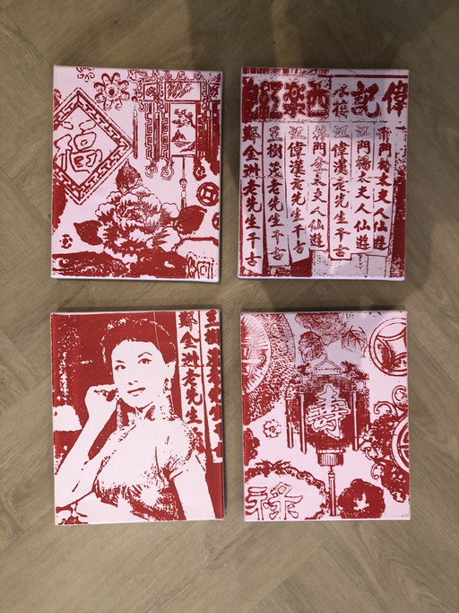 4x Zeefdruk Lilian van Stekelenburg ‘Shanghai Suprise’ in rose/rood – lithos zeefdrukken, Paper, Aziatisch