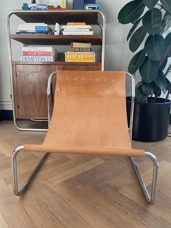 Image 1 of Vintage minimale sling stoel in chroom en zadelleer