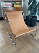 Vintage minimale sling stoel in chroom en zadelleer