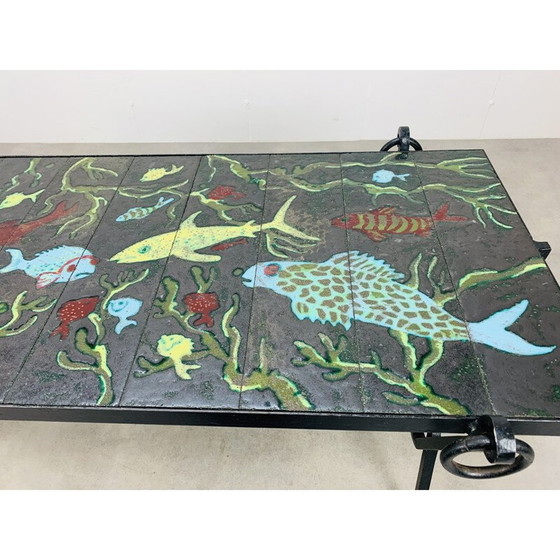 Image 1 of Vintage salontafel van smeedijzer en geëmailleerd lava door Jacques Adnet en Guidette Carbonell, Frankrijk 1950