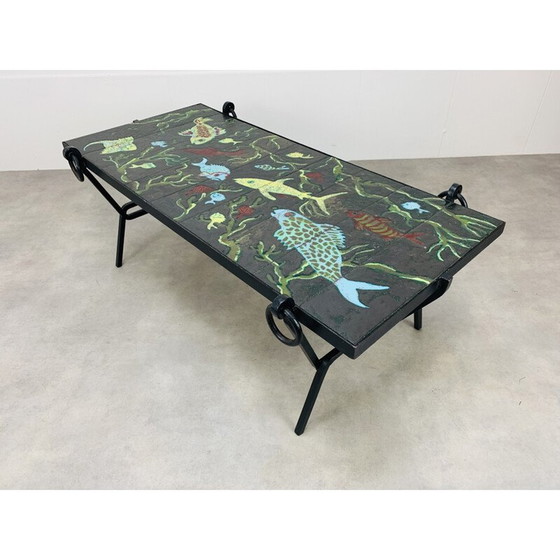 Image 1 of Vintage salontafel van smeedijzer en geëmailleerd lava door Jacques Adnet en Guidette Carbonell, Frankrijk 1950