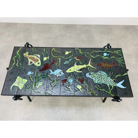 Image 1 of Vintage salontafel van smeedijzer en geëmailleerd lava door Jacques Adnet en Guidette Carbonell, Frankrijk 1950