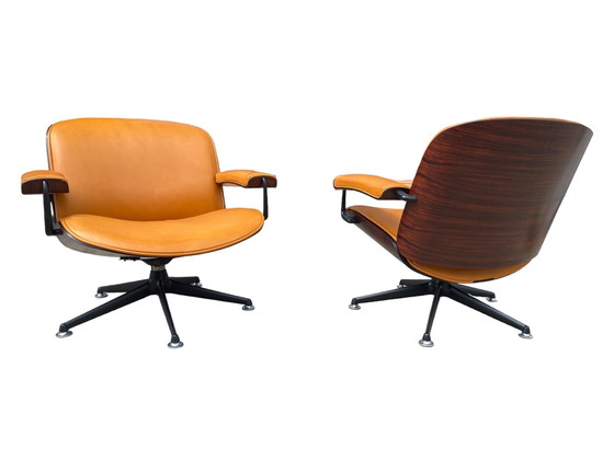 Image 1 of Set of 2 cognac leather lounge chairs by Ico Parisi for MIM Roma