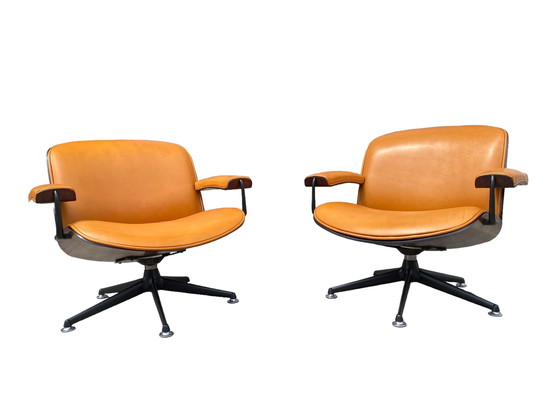 Image 1 of Set of 2 cognac leather lounge chairs by Ico Parisi for MIM Roma