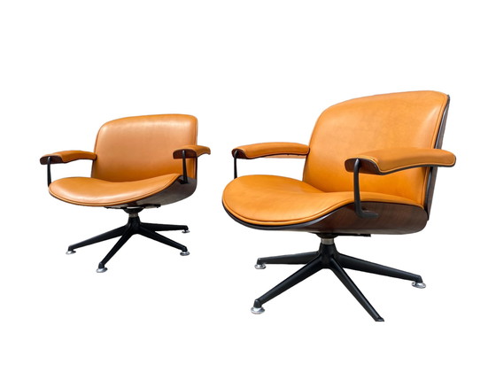 Image 1 of Set of 2 cognac leather lounge chairs by Ico Parisi for MIM Roma