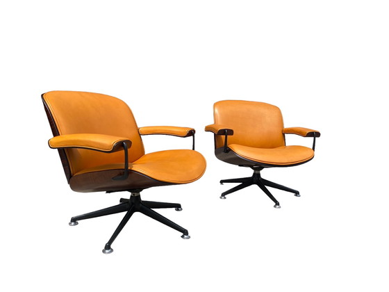 Image 1 of Set of 2 cognac leather lounge chairs by Ico Parisi for MIM Roma