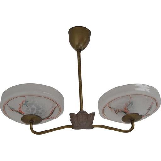 Vintage kroonluchter van glas en metaal van Zukov, Tsjecho-Slowakije 1950