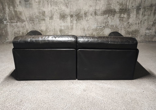 2-zits Modulaire Zwart Leren Sofa De Sede Ds-76, Zwitserland 1970