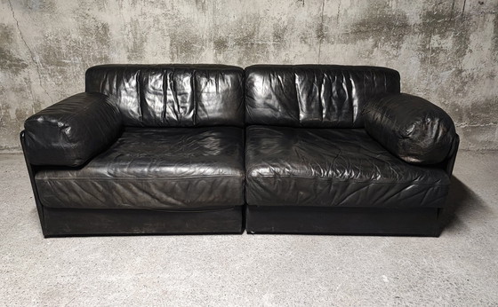 Image 1 of 2-zits Modulaire Zwart Leren Sofa De Sede Ds-76, Zwitserland 1970