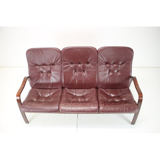 Image 1 of Vintage 3-zits leren bank voor Ton, Tsjecho-Slowakije 1980