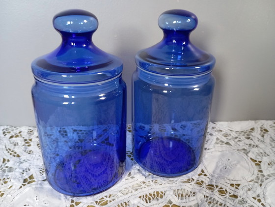 Image 1 of Trio van blauwe apothekerspotten, De Luminarc - Frankrijk