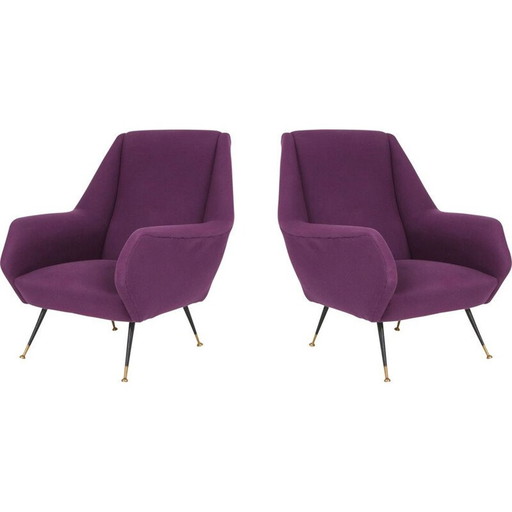 Paar vintage fauteuils met paarse bekleding, Italië 1950