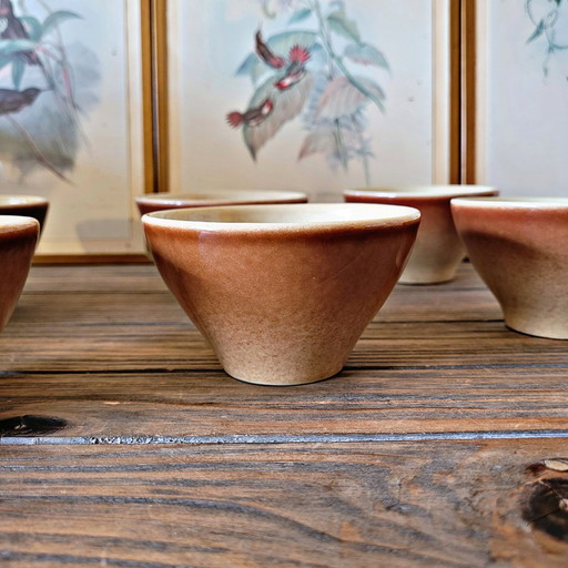 6 Vintage geglazuurde aardewerk kommen en kopjes