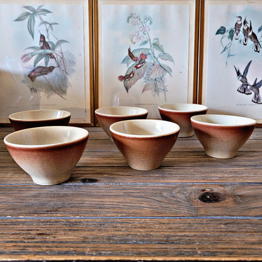 6 Vintage geglazuurde aardewerk kommen en kopjes