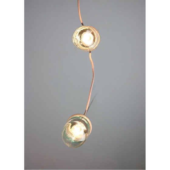 Image 1 of Paar industriële vintage hangers van blauw glas en grijs metaal