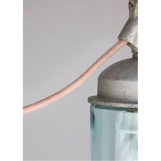 Image 1 of Paar industriële vintage hangers van blauw glas en grijs metaal