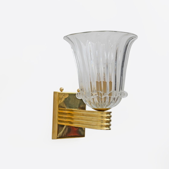 Image 1 of Toegeschreven aan Barovier & Toso Messing en Pulegoso Murano glazen wandlampen, paar