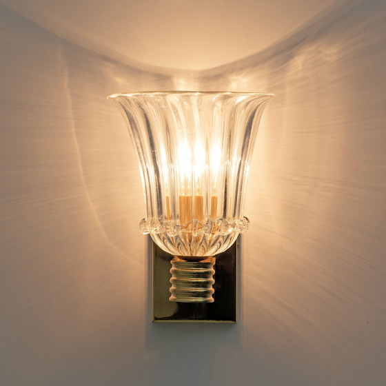 Image 1 of Toegeschreven aan Barovier & Toso Messing en Pulegoso Murano glazen wandlampen, paar