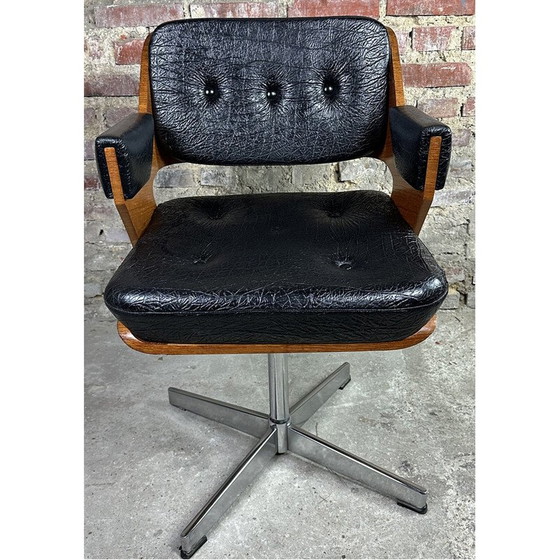 Image 1 of Vintage draaifauteuil in essenhout en kunstleer van Martin Stoll, Zwitserland 1960