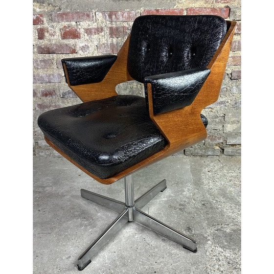 Image 1 of Vintage draaifauteuil in essenhout en kunstleer van Martin Stoll, Zwitserland 1960