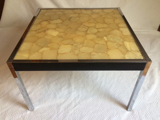 Een edele salontafel - origineel stenen blad onyx - lederen bekleding - chroom