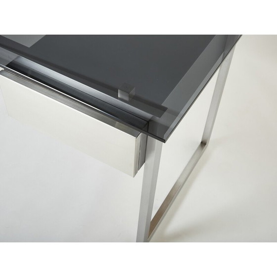 Image 1 of Vintage bureau in geborsteld roestvrij staal en grijs rookglas van Patrice Maffei voor Kappa, 1970