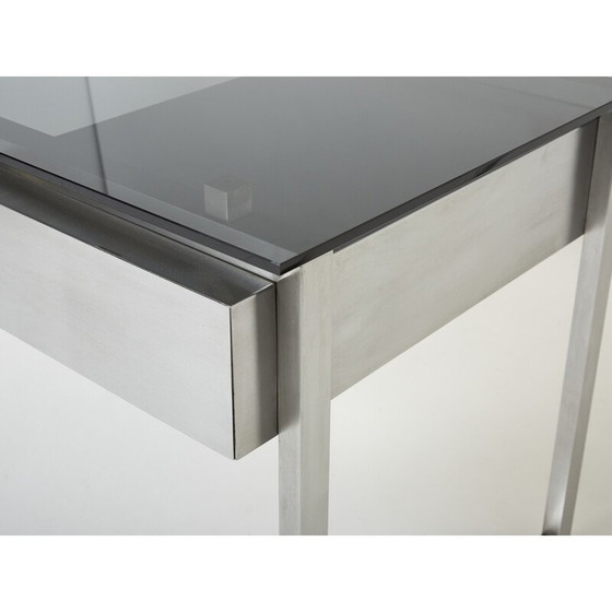 Image 1 of Vintage bureau in geborsteld roestvrij staal en grijs rookglas van Patrice Maffei voor Kappa, 1970