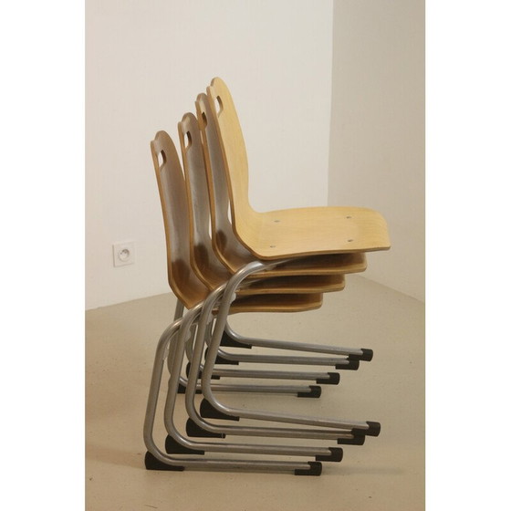 Image 1 of Set van 4 vintage stapelbare kantinestoelen van hout en aluminium, 1990