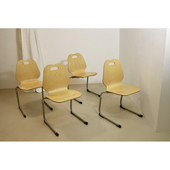 Image 1 of Set van 4 vintage stapelbare kantinestoelen van hout en aluminium, 1990