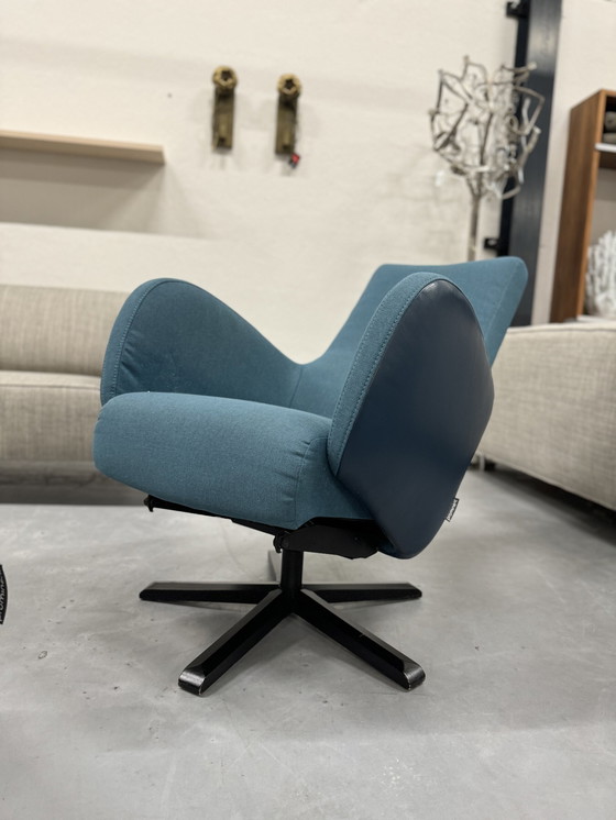 Image 1 of Prominent Relaxfauteuil Met Poef Blauw Stof Leer 