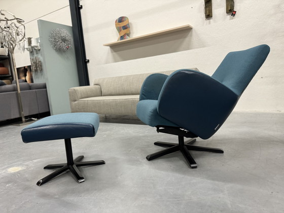 Image 1 of Prominent Relaxfauteuil Met Poef Blauw Stof Leer 