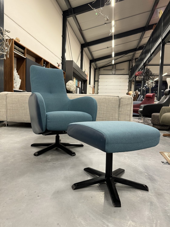 Image 1 of Prominent Relaxfauteuil Met Poef Blauw Stof Leer 