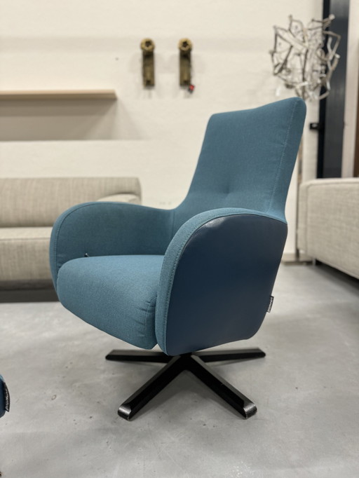 Prominent Relaxfauteuil Met Poef Blauw Stof Leer 