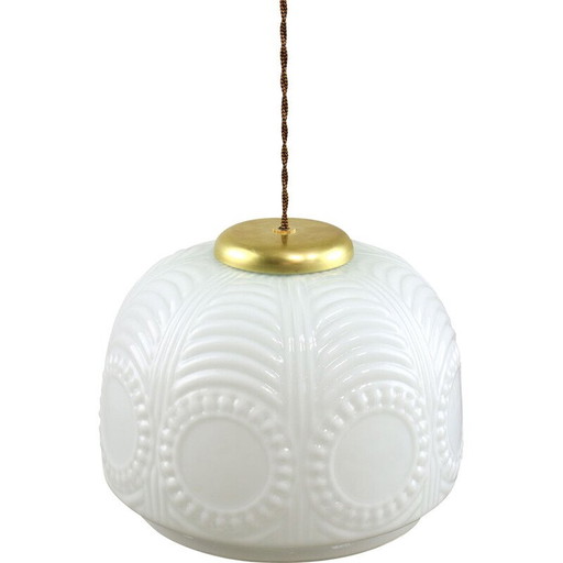 Vintage hanglamp van messing en opaline glas, Italië 1950