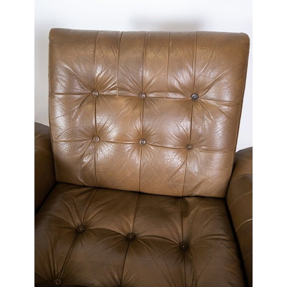 Image 1 of Paar vintage fauteuils bekleed met bruin leer en metalen frame, Denemarken 1970