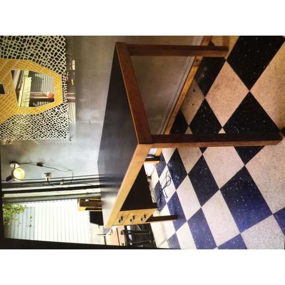Image 1 of Vintage massief eiken bureau met zwart melamine blad van Jean Domps