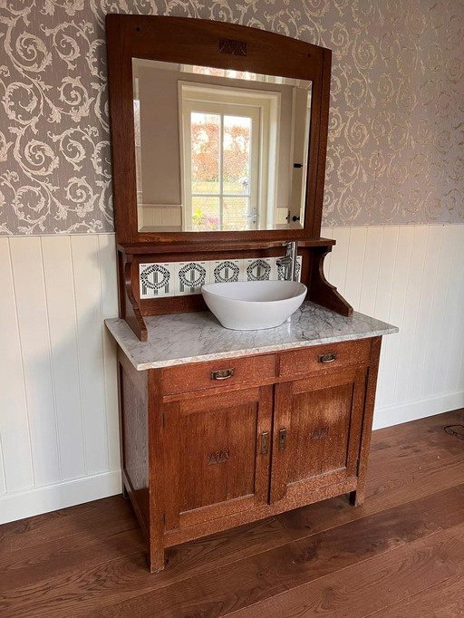 Vintage Eiken Spiegelcommode Met Marmer Blad, Waskom En Kraan