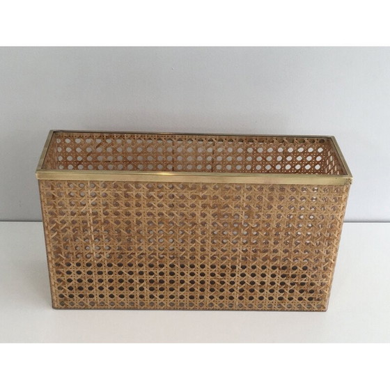 Image 1 of Vintage tijdschriftenrek van plexiglas met messing en ingelegd riet van Christian Dior en Gabriella Crespi, 1970