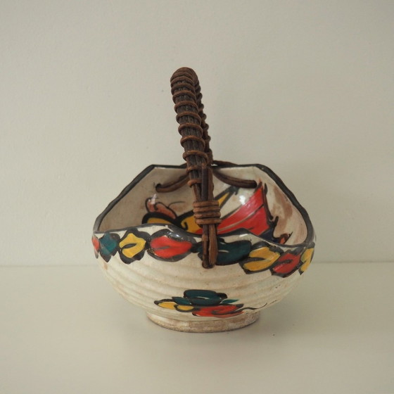 Image 1 of Vintage Artisan Japanse Keramische Kom Met Geweven Handvat