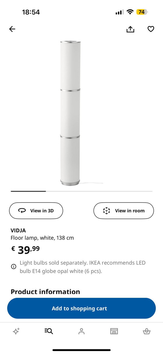 Image 1 of Ikea vloerlamp / Vidja - Witte kleur, €20 per stuk.