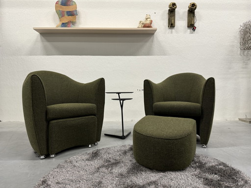 2 Leolux Sjamaan Fauteuil Met Hocker Groen Stof