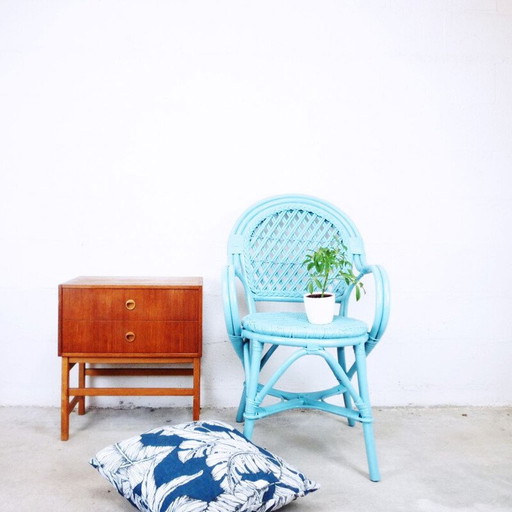 Vintage blauw geweven rotan fauteuil, 1990