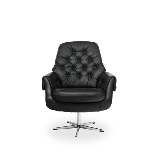 Loungestoel 70s Leren Fauteuil Zwart Mid Century Vintage