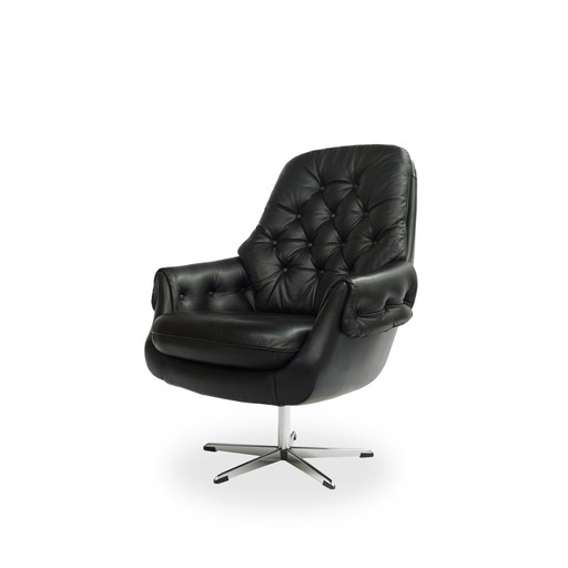 Loungestoel 70s Leren Fauteuil Zwart Mid Century Vintage