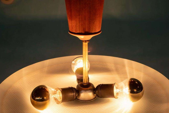 Image 1 of Vintage plafondlamp glas en teak, midmod glass ceiling lamp