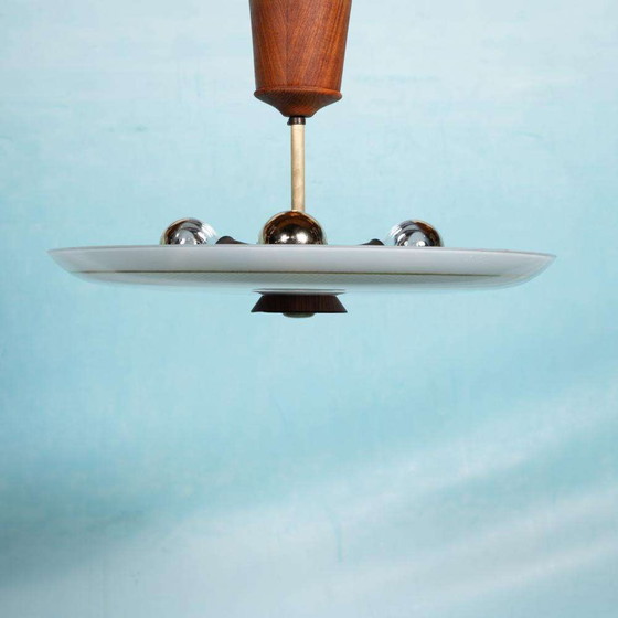 Image 1 of Vintage plafondlamp glas en teak, midmod glass ceiling lamp