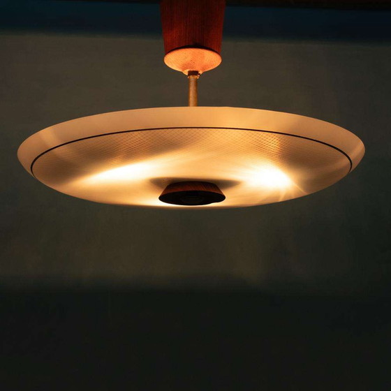 Image 1 of Vintage plafondlamp glas en teak, midmod glass ceiling lamp