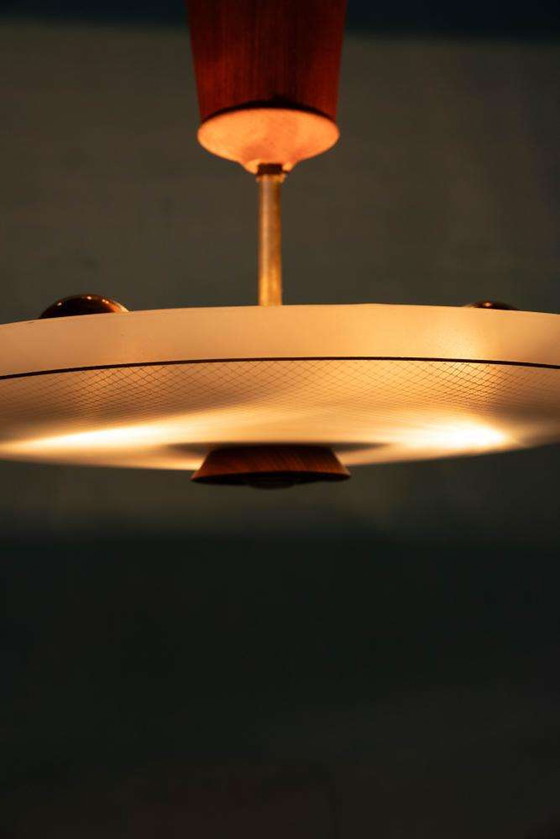 Image 1 of Vintage plafondlamp glas en teak, midmod glass ceiling lamp