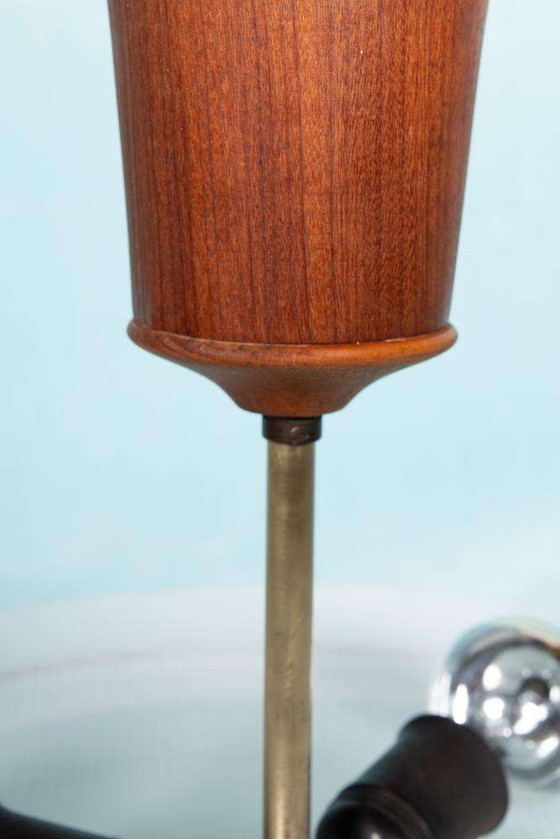 Image 1 of Vintage plafondlamp glas en teak, midmod glass ceiling lamp