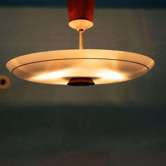 Image 1 of Vintage plafondlamp glas en teak, midmod glass ceiling lamp